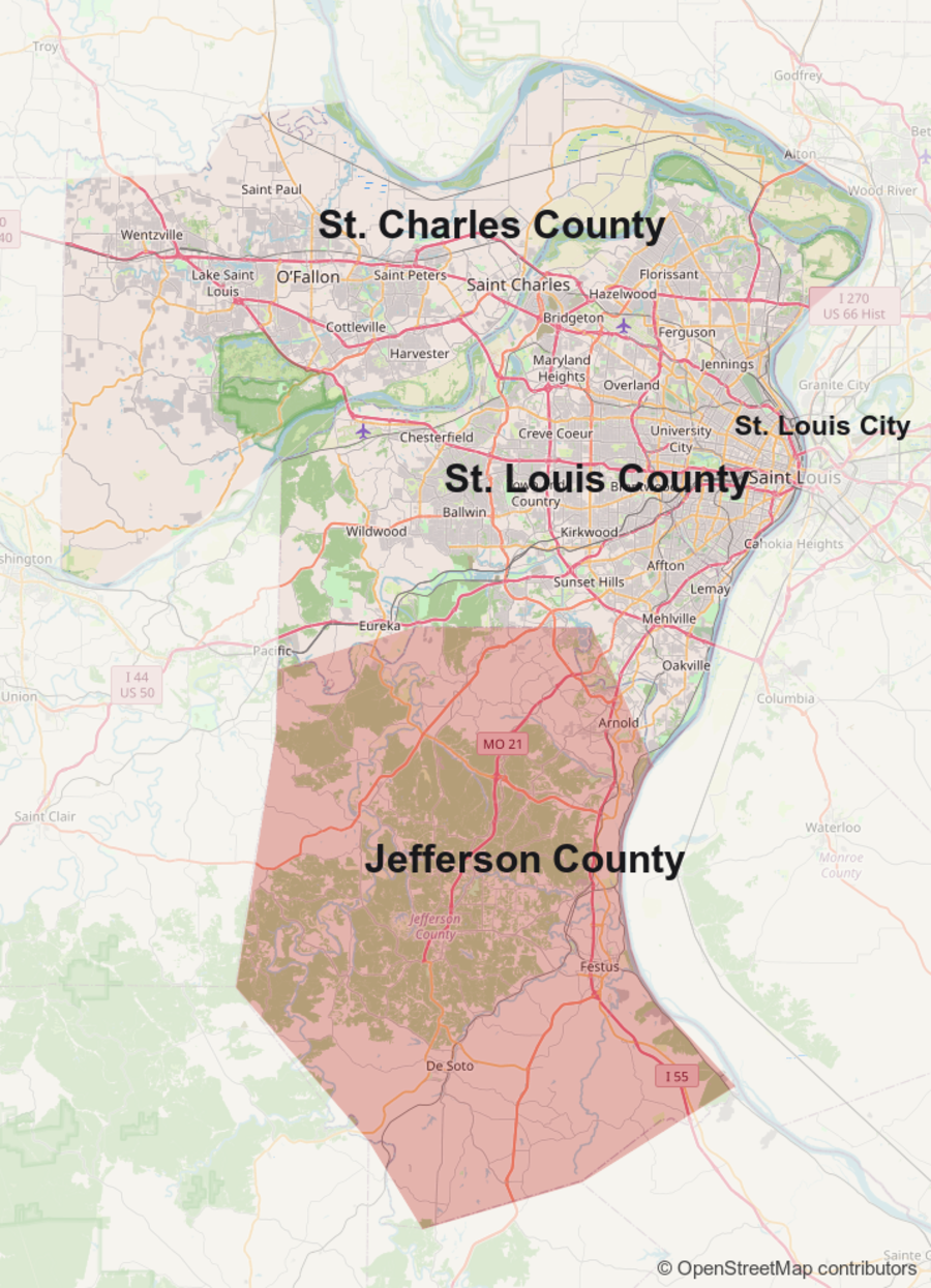Map of the four service areas with Jefferson County highlighted
