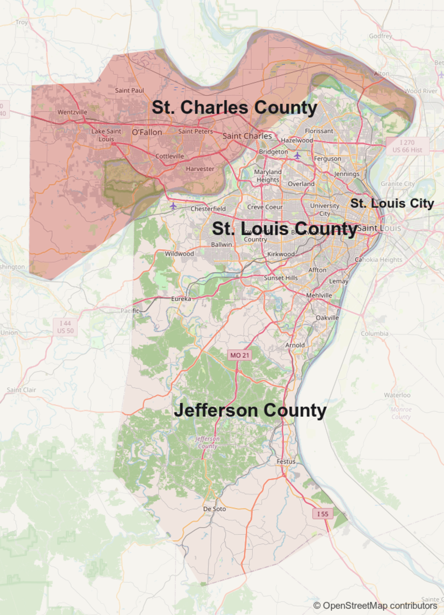 Map of the four service areas with St. Charles County highlighted