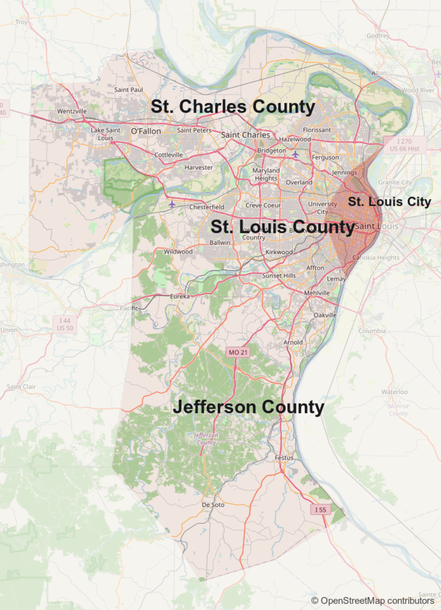Map of the four service areas with St. Louis City highlighted