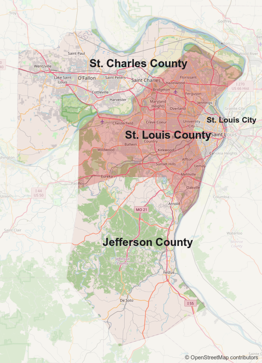 Map of the four service areas with St. Louis County highlighted