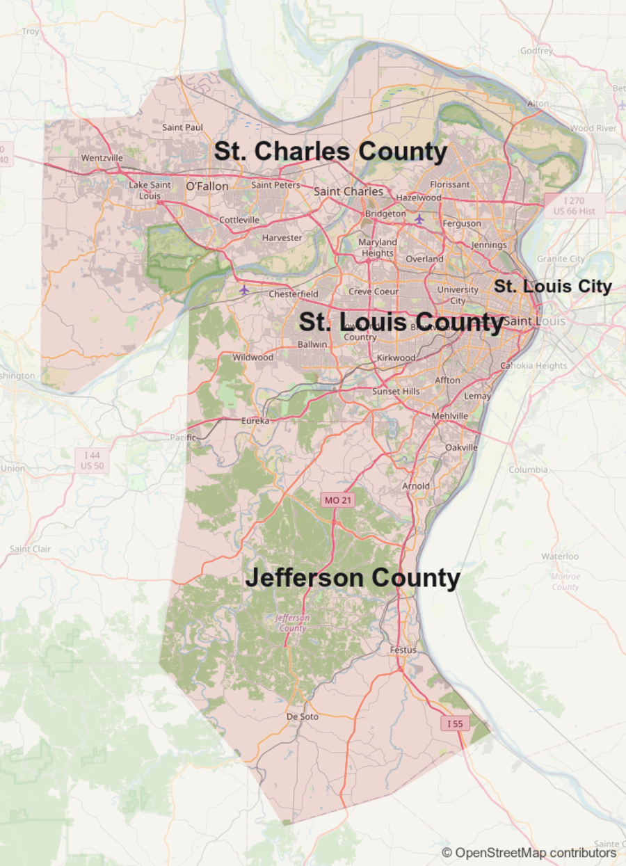 Map of Jefferson County, St. Louis City, St. Louis County and St. Charles County