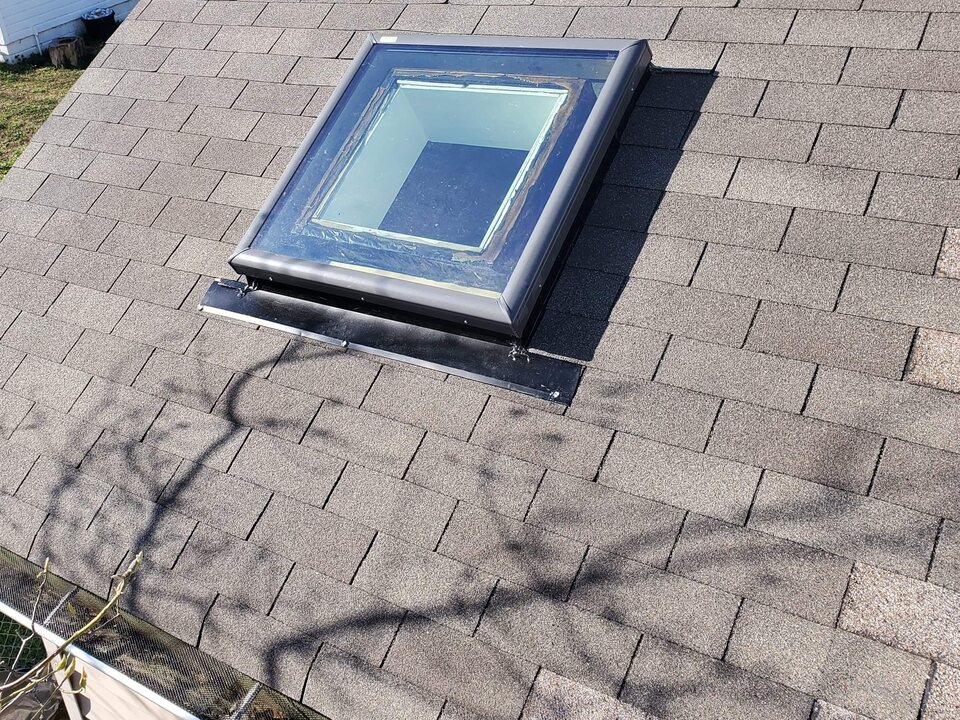 New skylight set into a gray asphalt shingle roof, branch shadows across the slope.