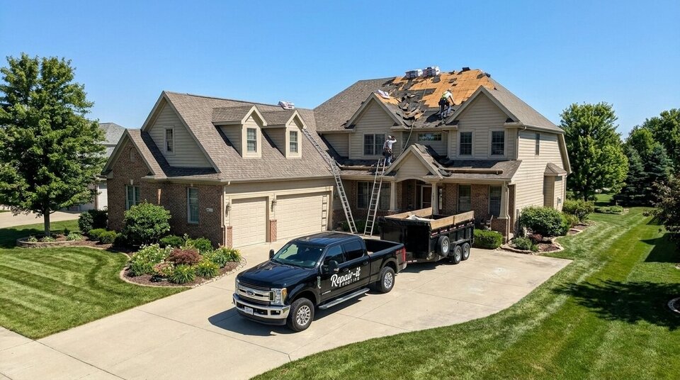 An aerial view of a roof being stripped back, with a crew working and a dump trailer in the drive.